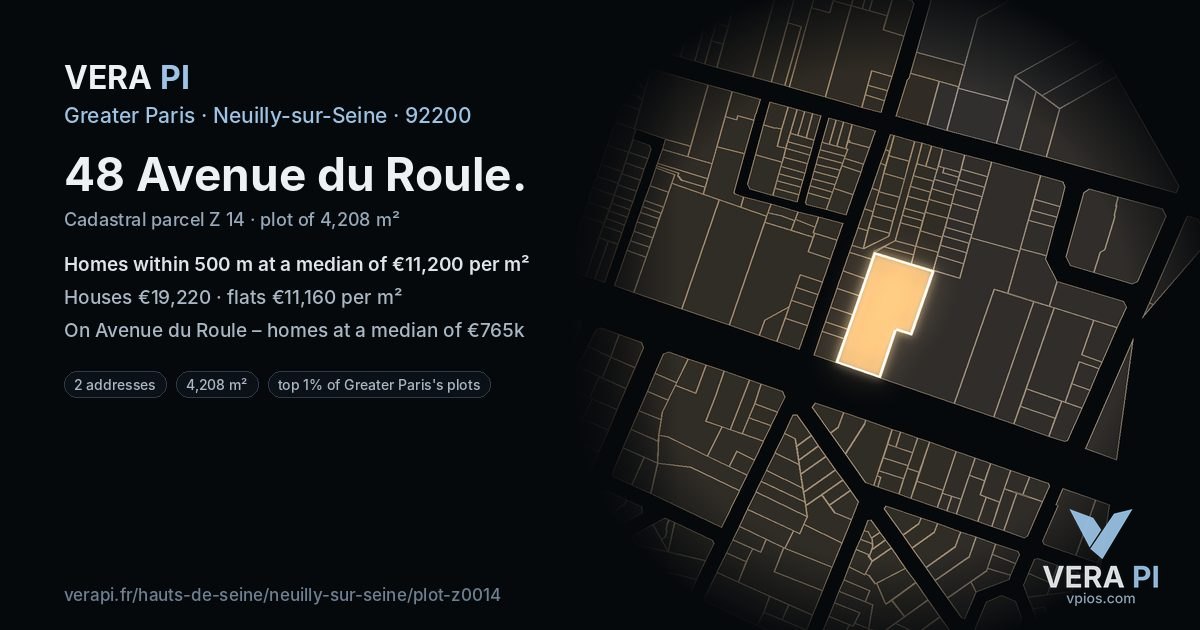 48 Avenue du Roule, Neuilly-sur-Seine at night – the plot lit, the parcels around coloured by the prices near them