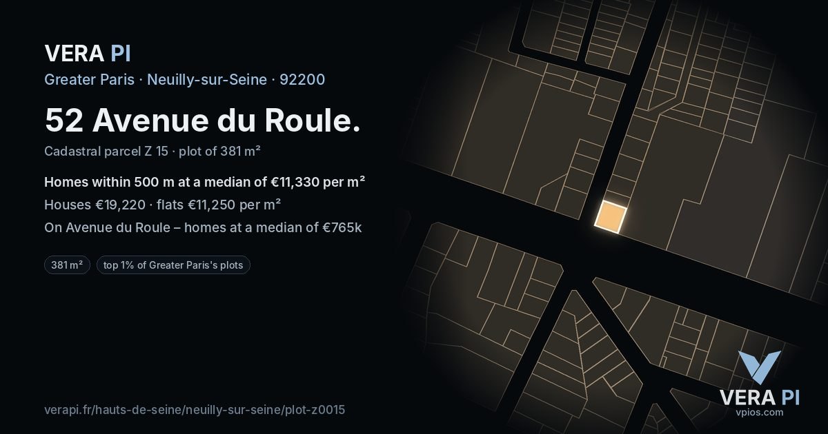 52 Avenue du Roule, Neuilly-sur-Seine at night – the plot lit, the parcels around coloured by the prices near them