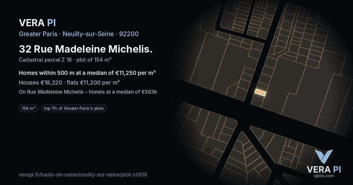 32 Rue Madeleine Michelis, Neuilly-sur-Seine at night – the plot lit, the parcels around coloured by the prices near them
