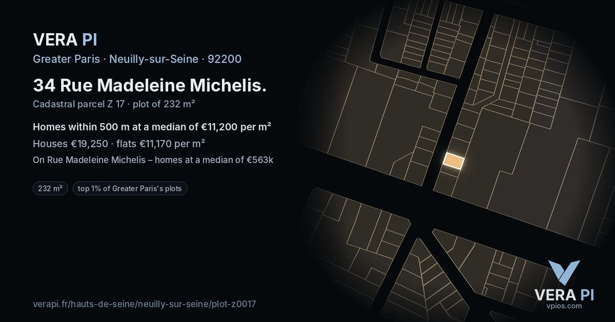 34 Rue Madeleine Michelis, Neuilly-sur-Seine at night – the plot lit, the parcels around coloured by the prices near them