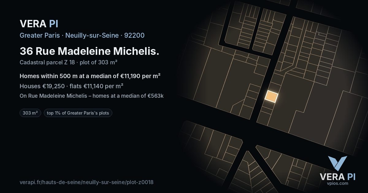 36 Rue Madeleine Michelis, Neuilly-sur-Seine at night – the plot lit, the parcels around coloured by the prices near them