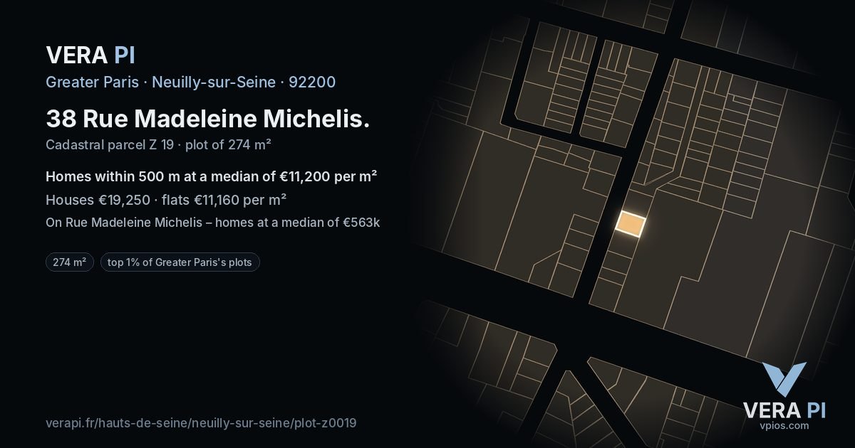 38 Rue Madeleine Michelis, Neuilly-sur-Seine at night – the plot lit, the parcels around coloured by the prices near them