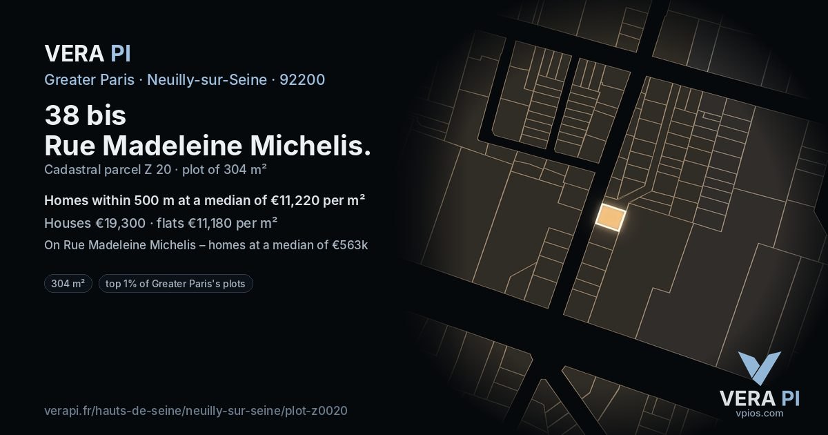 38 bis Rue Madeleine Michelis, Neuilly-sur-Seine at night – the plot lit, the parcels around coloured by the prices near them