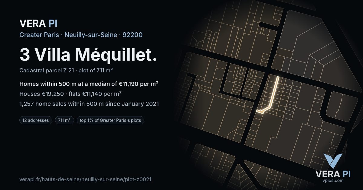 3 Villa Méquillet, Neuilly-sur-Seine at night – the plot lit, the parcels around coloured by the prices near them