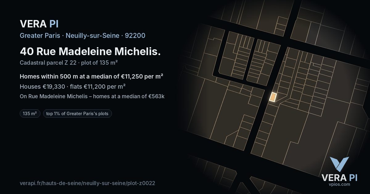 40 Rue Madeleine Michelis, Neuilly-sur-Seine at night – the plot lit, the parcels around coloured by the prices near them