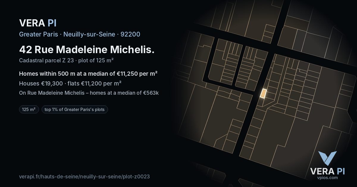 42 Rue Madeleine Michelis, Neuilly-sur-Seine at night – the plot lit, the parcels around coloured by the prices near them