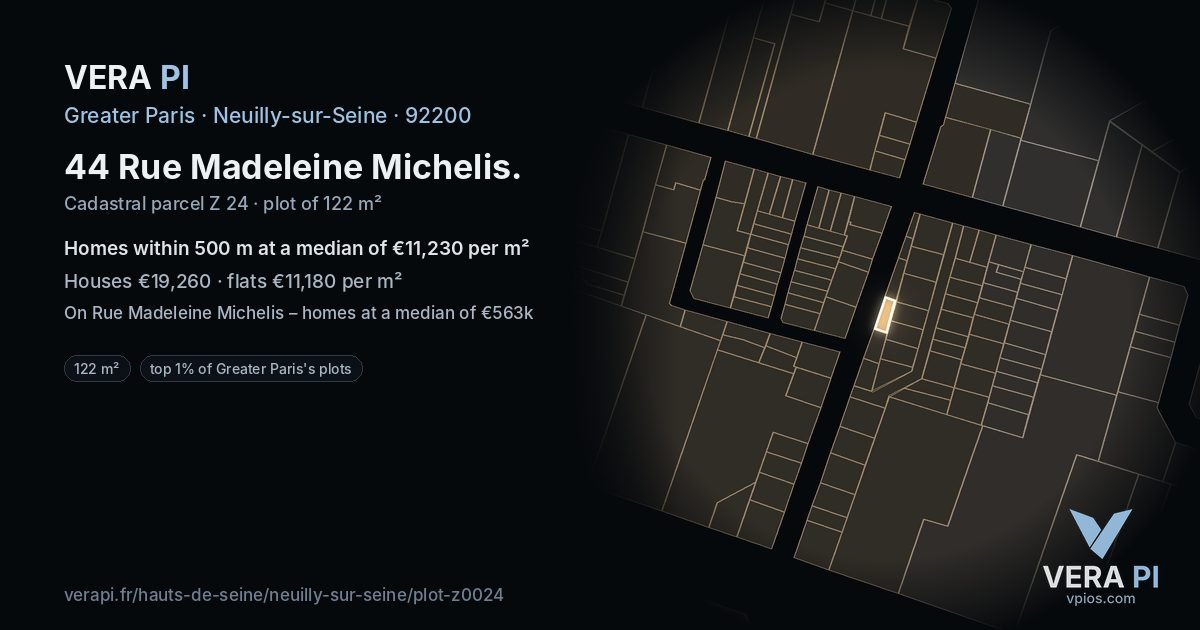44 Rue Madeleine Michelis, Neuilly-sur-Seine at night – the plot lit, the parcels around coloured by the prices near them