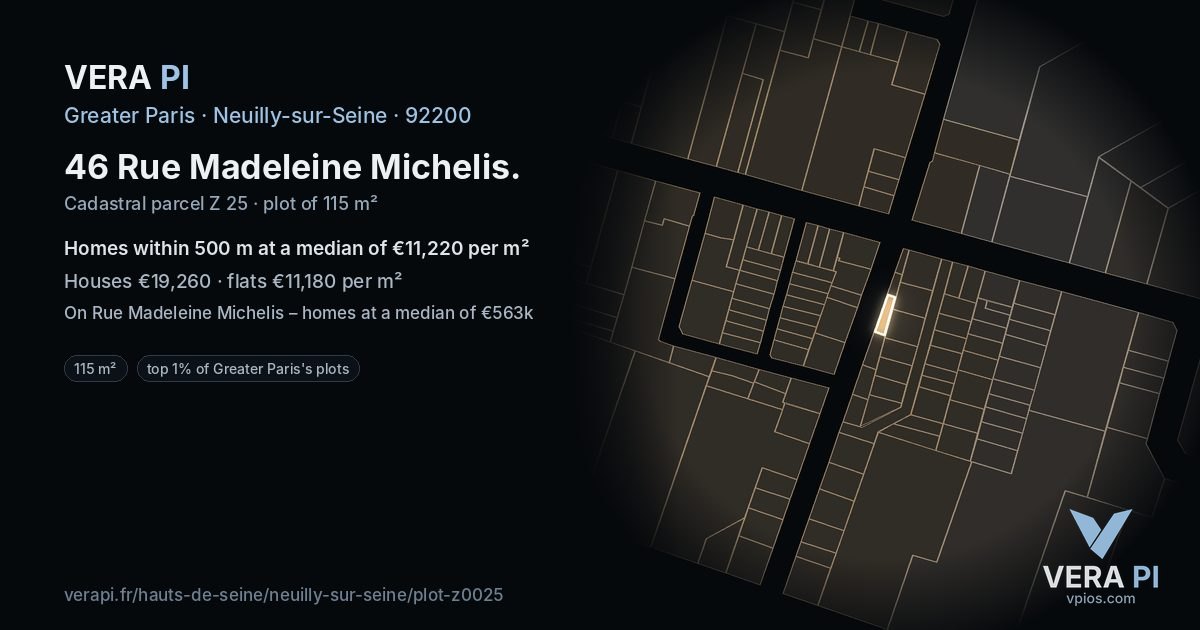 46 Rue Madeleine Michelis, Neuilly-sur-Seine at night – the plot lit, the parcels around coloured by the prices near them