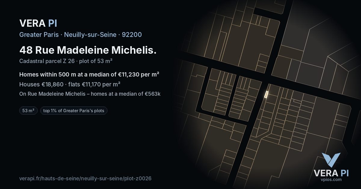 48 Rue Madeleine Michelis, Neuilly-sur-Seine at night – the plot lit, the parcels around coloured by the prices near them