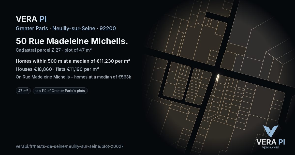 50 Rue Madeleine Michelis, Neuilly-sur-Seine at night – the plot lit, the parcels around coloured by the prices near them