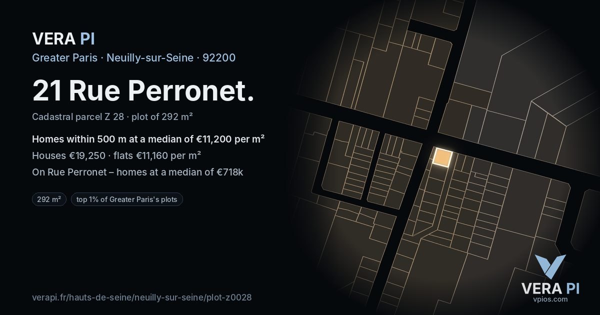 21 Rue Perronet, Neuilly-sur-Seine at night – the plot lit, the parcels around coloured by the prices near them
