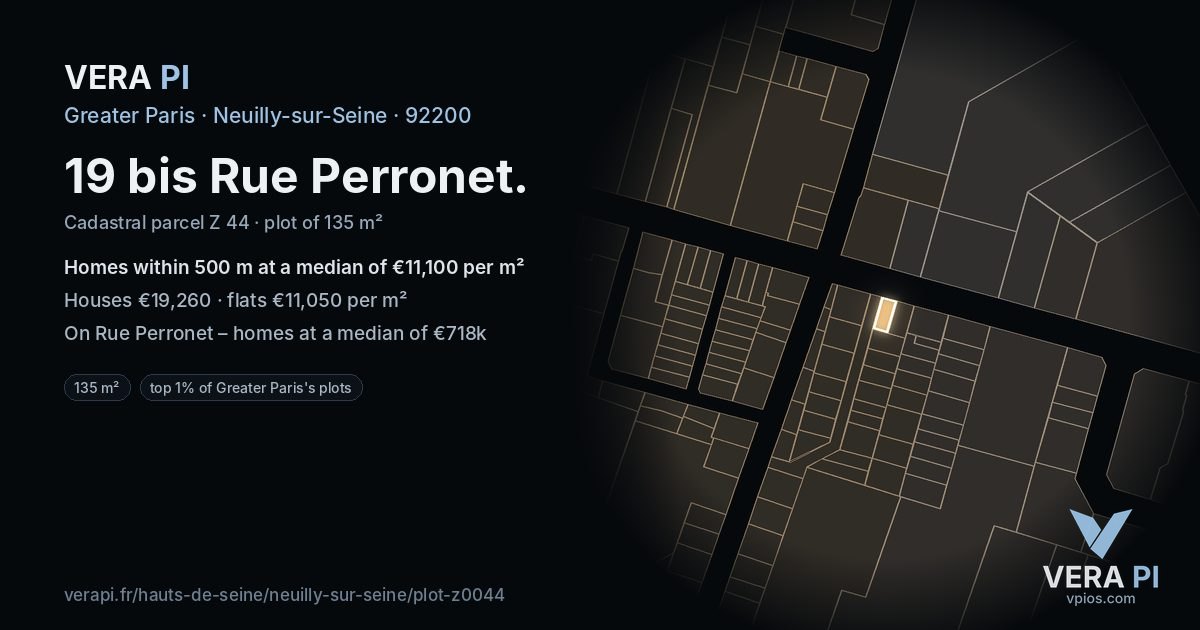 19 bis Rue Perronet, Neuilly-sur-Seine at night – the plot lit, the parcels around coloured by the prices near them