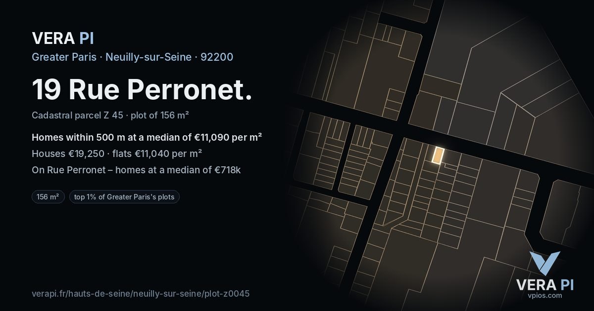 19 Rue Perronet, Neuilly-sur-Seine at night – the plot lit, the parcels around coloured by the prices near them