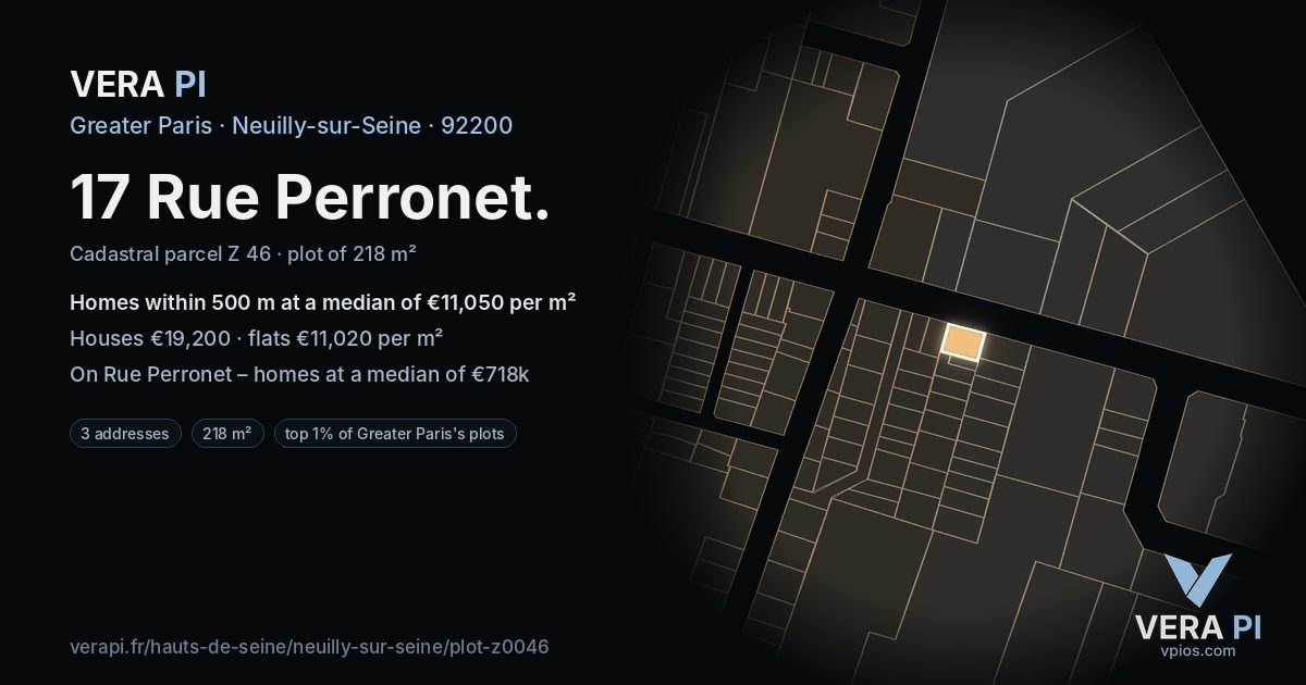17 Rue Perronet, Neuilly-sur-Seine at night – the plot lit, the parcels around coloured by the prices near them