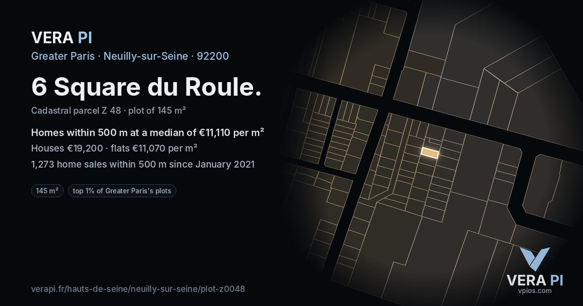 6 Square du Roule, Neuilly-sur-Seine at night – the plot lit, the parcels around coloured by the prices near them