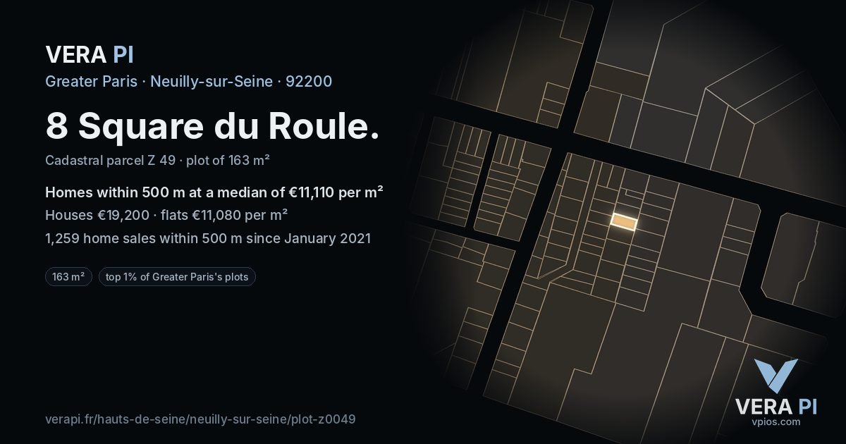 8 Square du Roule, Neuilly-sur-Seine at night – the plot lit, the parcels around coloured by the prices near them