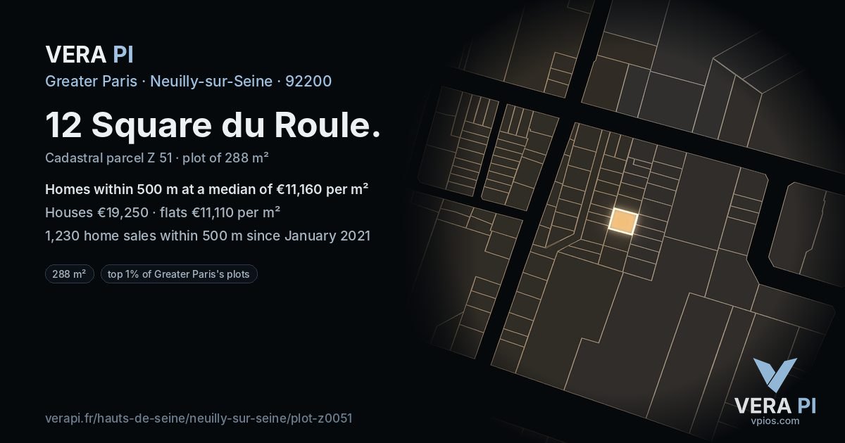 12 Square du Roule, Neuilly-sur-Seine at night – the plot lit, the parcels around coloured by the prices near them