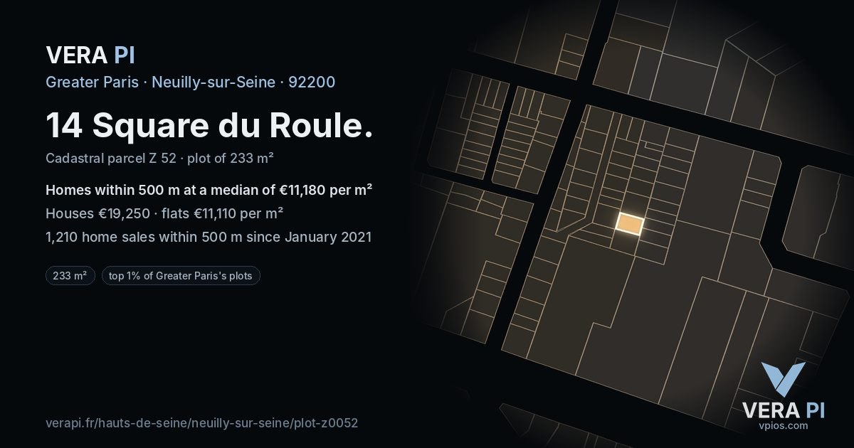 14 Square du Roule, Neuilly-sur-Seine at night – the plot lit, the parcels around coloured by the prices near them