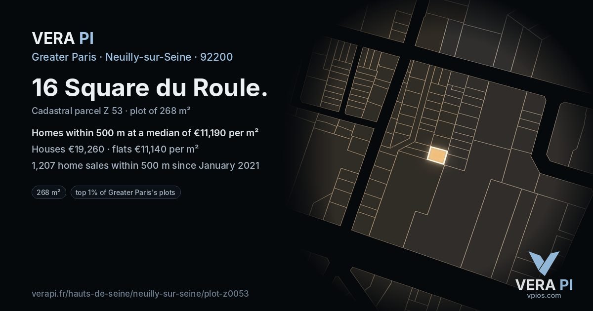 16 Square du Roule, Neuilly-sur-Seine at night – the plot lit, the parcels around coloured by the prices near them