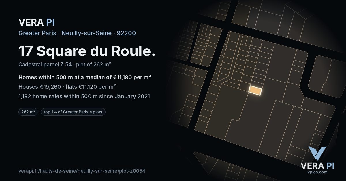 17 Square du Roule, Neuilly-sur-Seine at night – the plot lit, the parcels around coloured by the prices near them