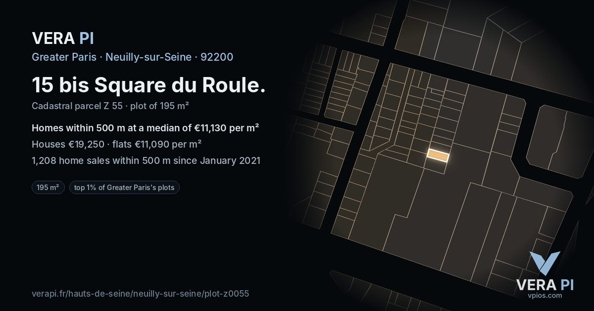 15 bis Square du Roule, Neuilly-sur-Seine at night – the plot lit, the parcels around coloured by the prices near them