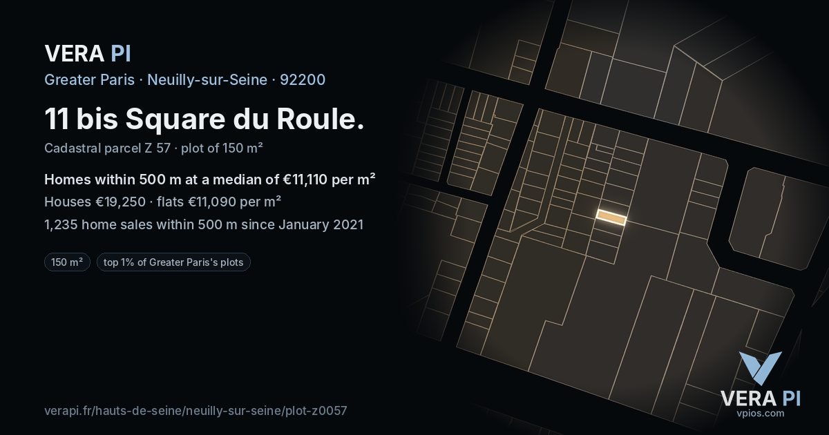 11 bis Square du Roule, Neuilly-sur-Seine at night – the plot lit, the parcels around coloured by the prices near them