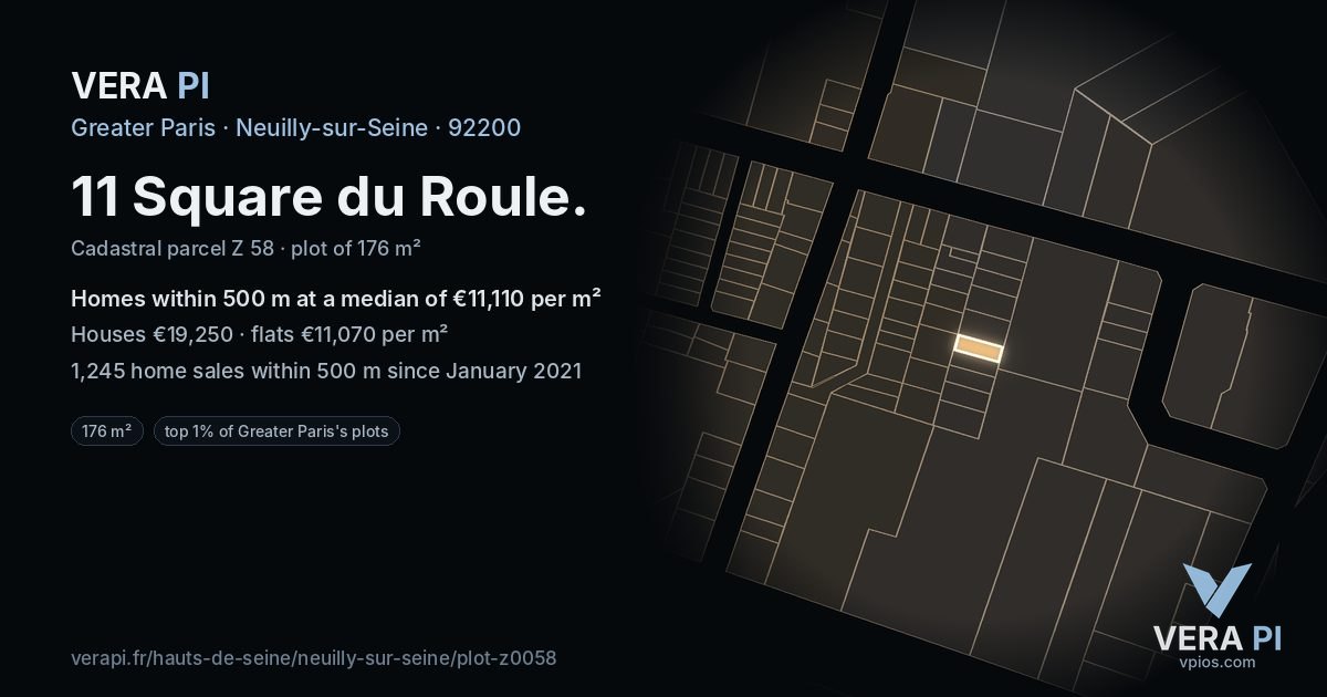 11 Square du Roule, Neuilly-sur-Seine at night – the plot lit, the parcels around coloured by the prices near them