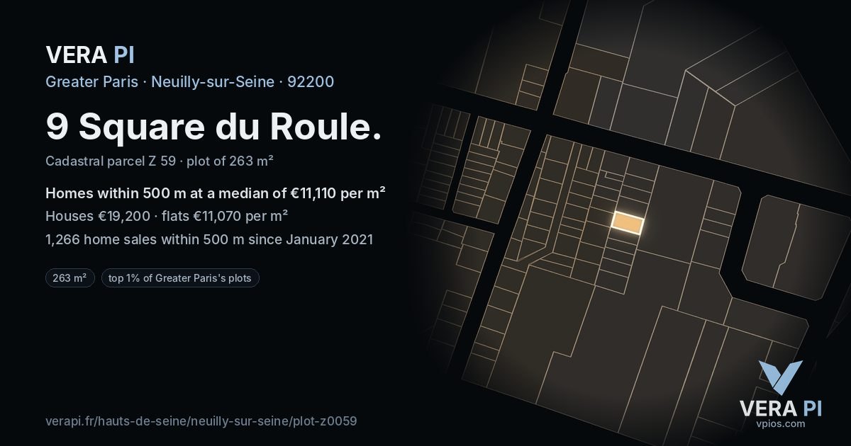 9 Square du Roule, Neuilly-sur-Seine at night – the plot lit, the parcels around coloured by the prices near them
