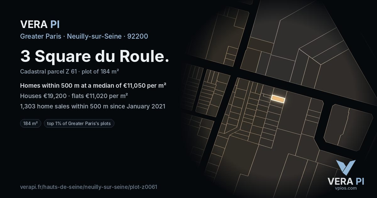 3 Square du Roule, Neuilly-sur-Seine at night – the plot lit, the parcels around coloured by the prices near them