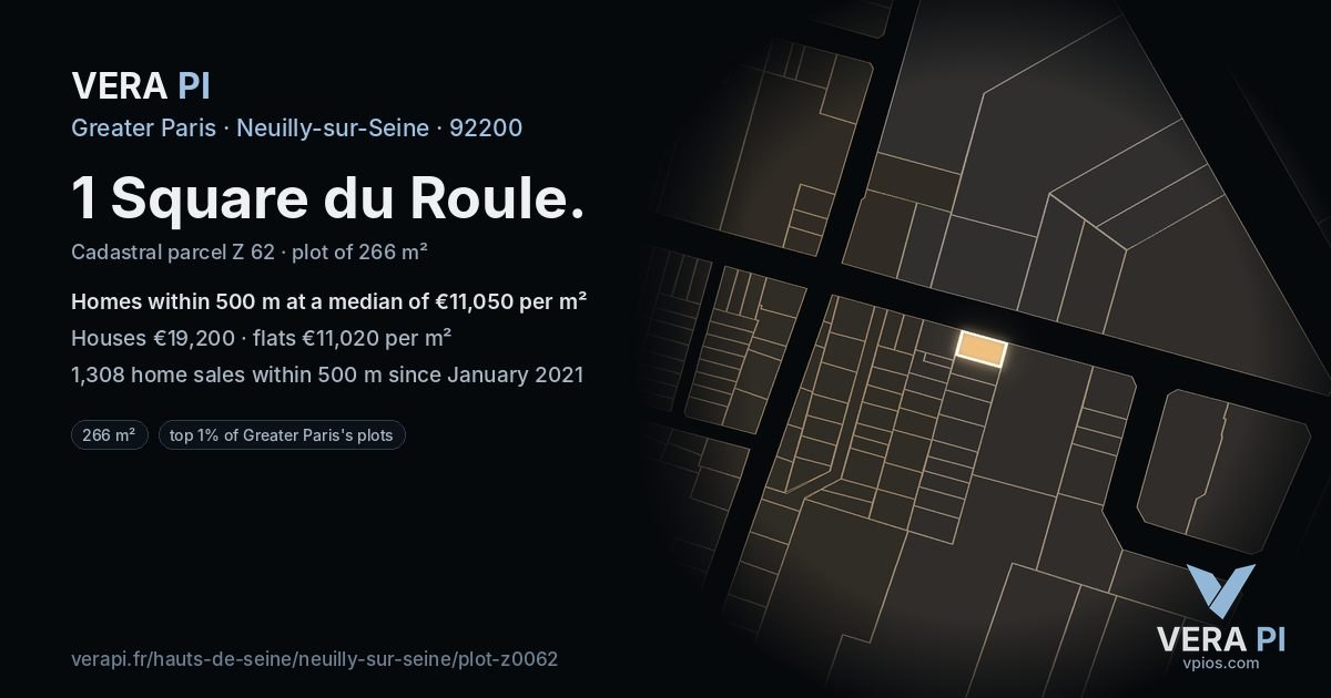1 Square du Roule, Neuilly-sur-Seine at night – the plot lit, the parcels around coloured by the prices near them