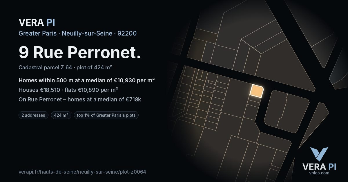 9 Rue Perronet, Neuilly-sur-Seine at night – the plot lit, the parcels around coloured by the prices near them