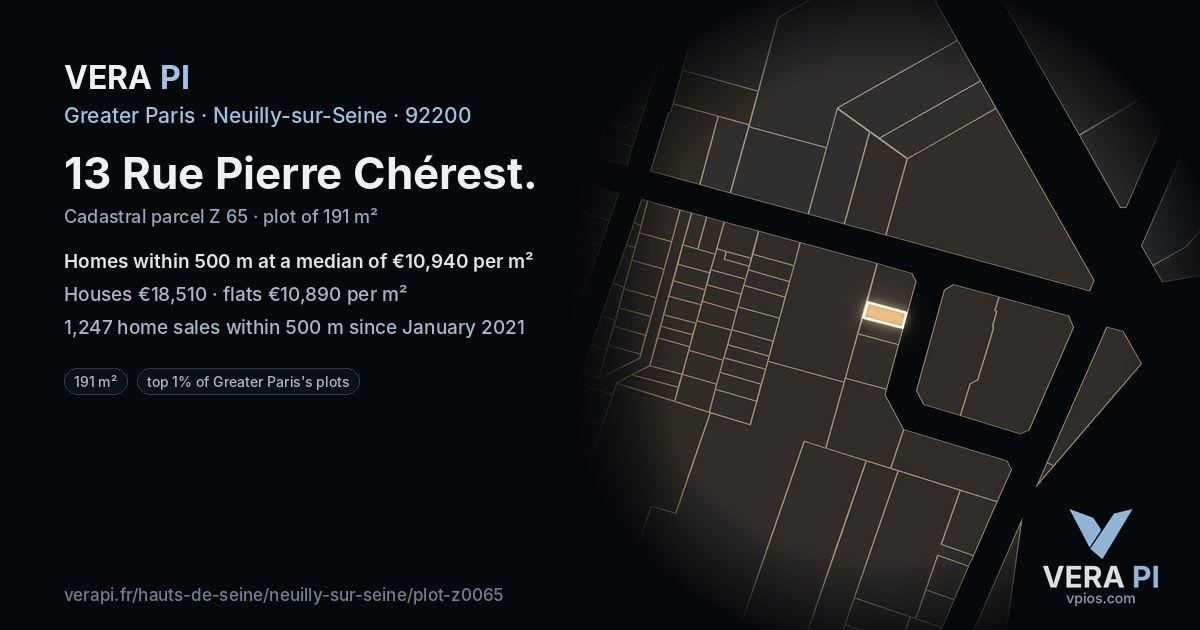 13 Rue Pierre Chérest, Neuilly-sur-Seine at night – the plot lit, the parcels around coloured by the prices near them