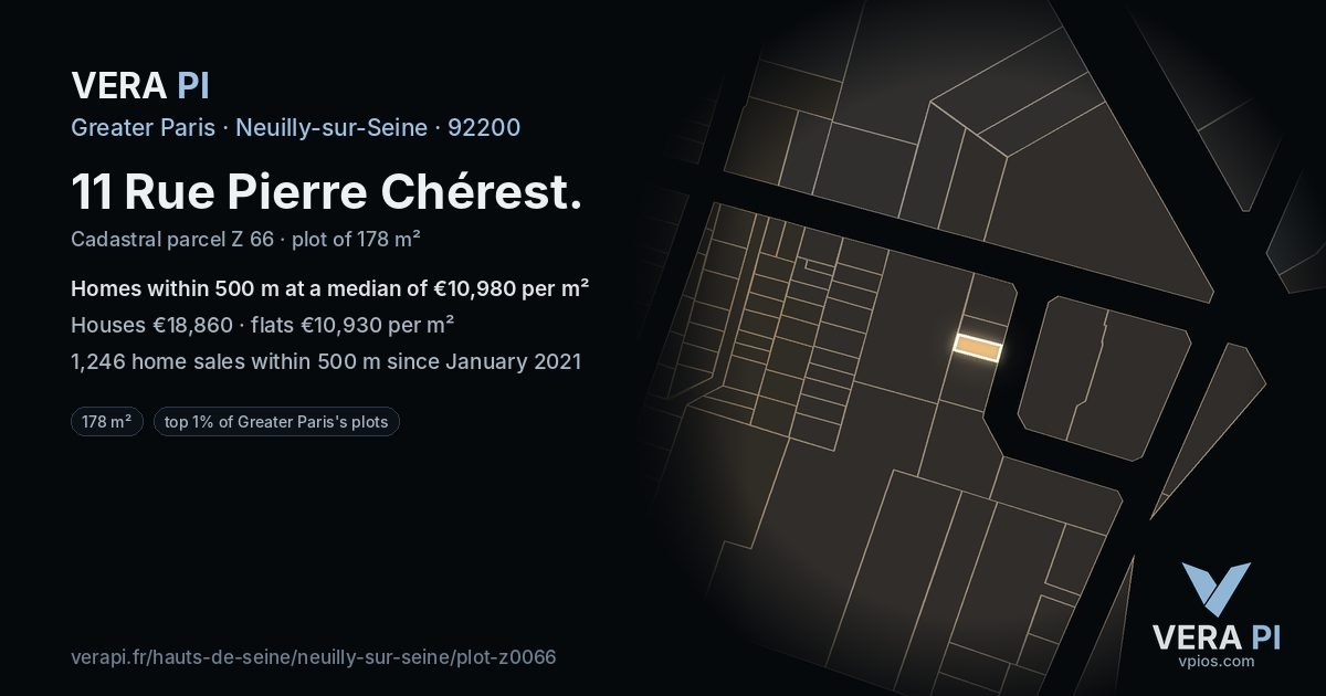 11 Rue Pierre Chérest, Neuilly-sur-Seine at night – the plot lit, the parcels around coloured by the prices near them
