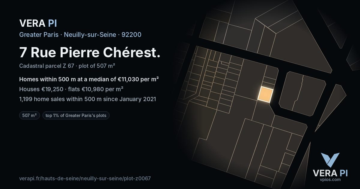 7 Rue Pierre Chérest, Neuilly-sur-Seine at night – the plot lit, the parcels around coloured by the prices near them