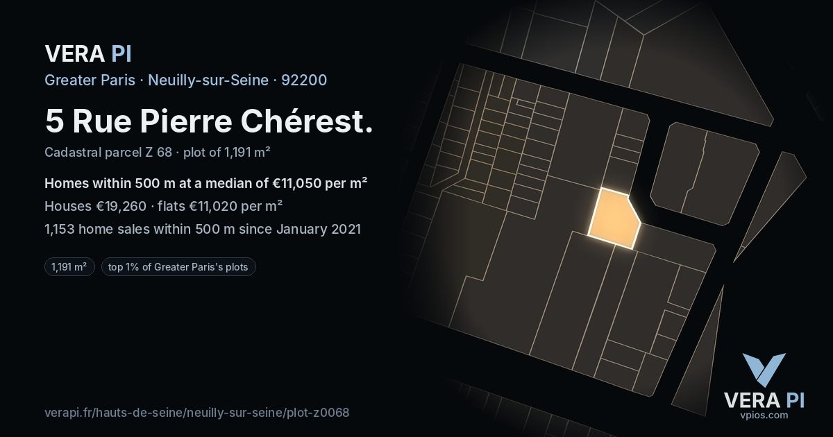5 Rue Pierre Chérest, Neuilly-sur-Seine at night – the plot lit, the parcels around coloured by the prices near them