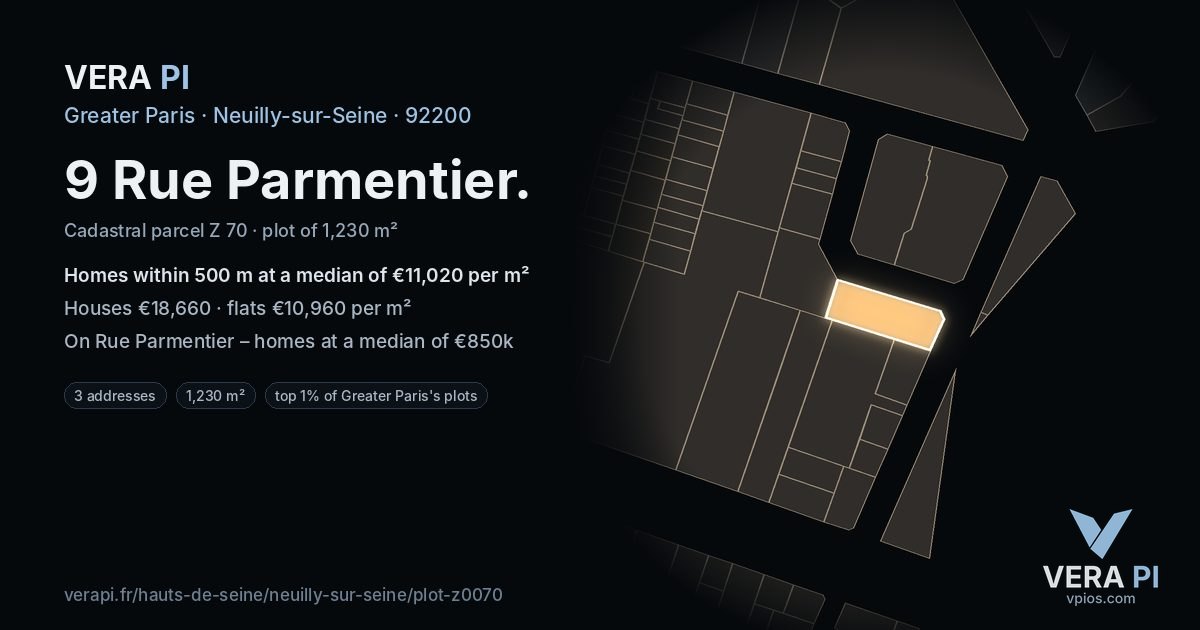 9 Rue Parmentier, Neuilly-sur-Seine at night – the plot lit, the parcels around coloured by the prices near them