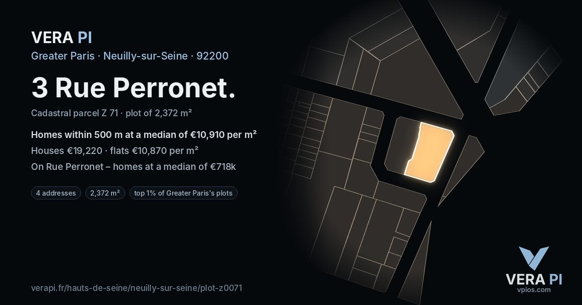 3 Rue Perronet, Neuilly-sur-Seine at night – the plot lit, the parcels around coloured by the prices near them