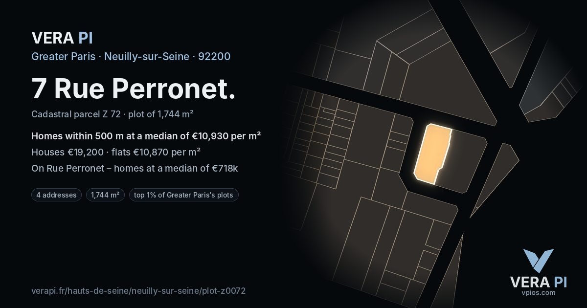 7 Rue Perronet, Neuilly-sur-Seine at night – the plot lit, the parcels around coloured by the prices near them