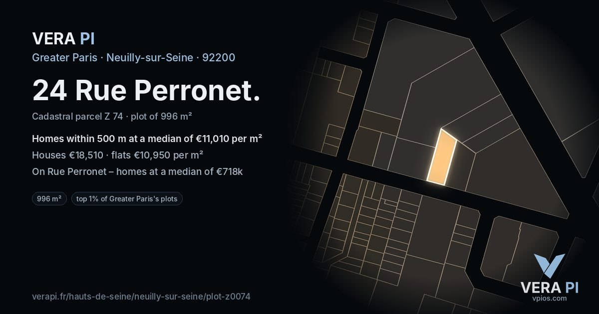 24 Rue Perronet, Neuilly-sur-Seine at night – the plot lit, the parcels around coloured by the prices near them