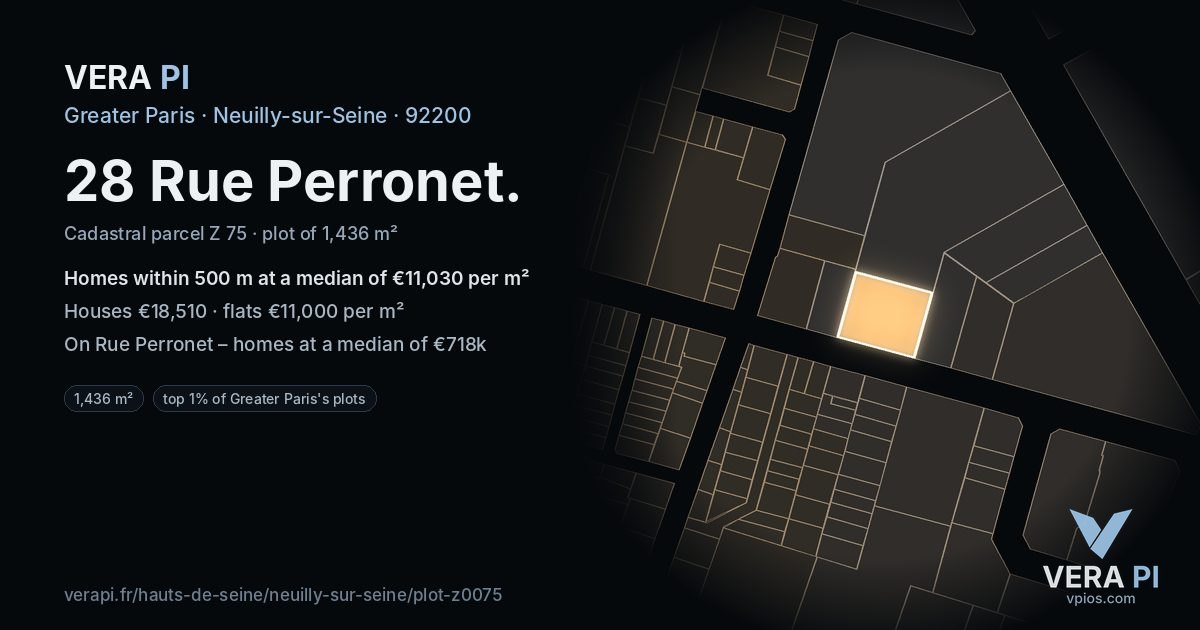 28 Rue Perronet, Neuilly-sur-Seine at night – the plot lit, the parcels around coloured by the prices near them