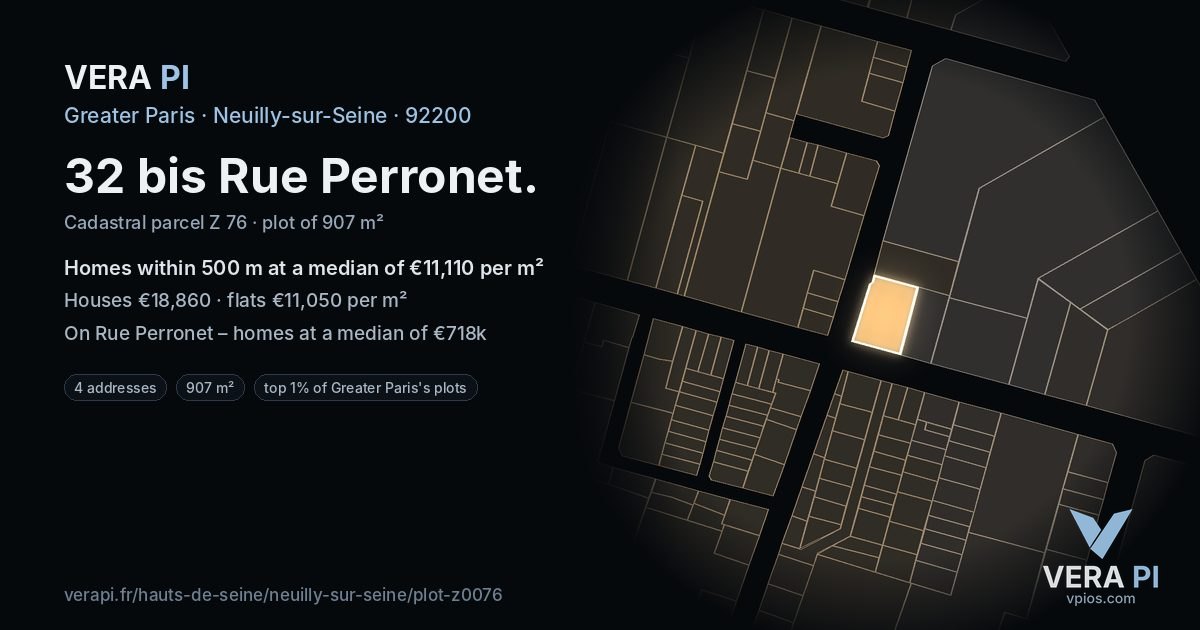 32 bis Rue Perronet, Neuilly-sur-Seine at night – the plot lit, the parcels around coloured by the prices near them