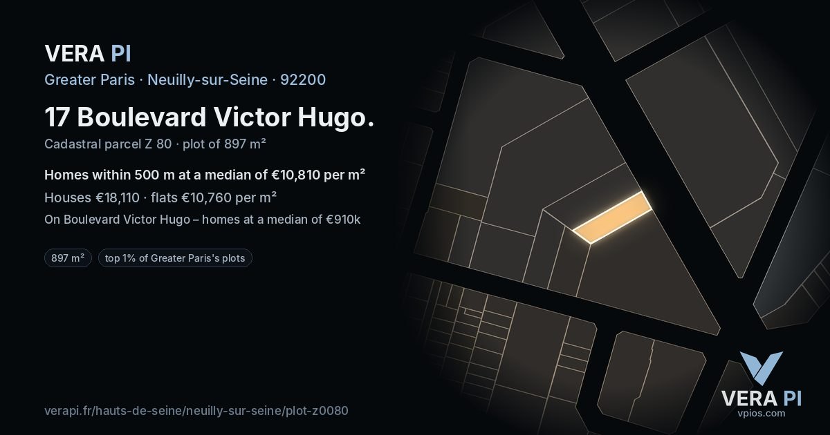 17 Boulevard Victor Hugo, Neuilly-sur-Seine at night – the plot lit, the parcels around coloured by the prices near them