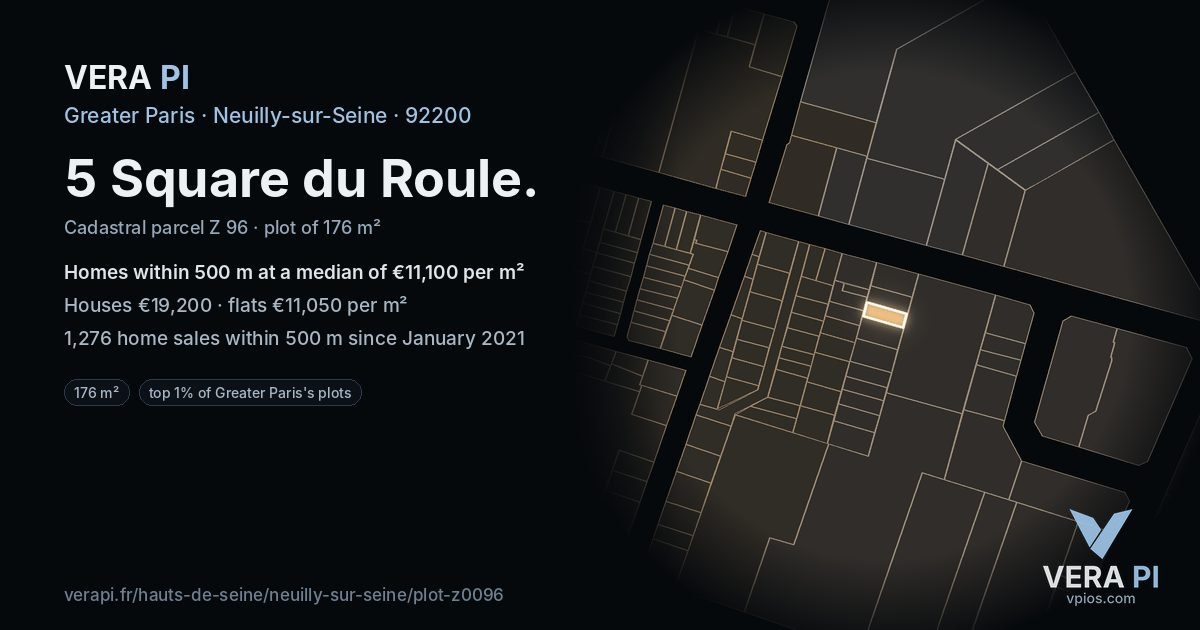 5 Square du Roule, Neuilly-sur-Seine at night – the plot lit, the parcels around coloured by the prices near them
