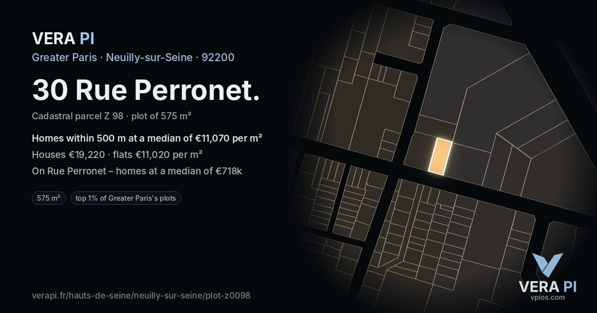 30 Rue Perronet, Neuilly-sur-Seine at night – the plot lit, the parcels around coloured by the prices near them