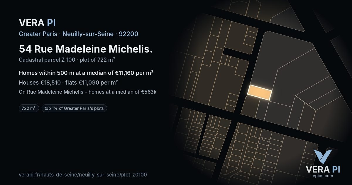 54 Rue Madeleine Michelis, Neuilly-sur-Seine at night – the plot lit, the parcels around coloured by the prices near them