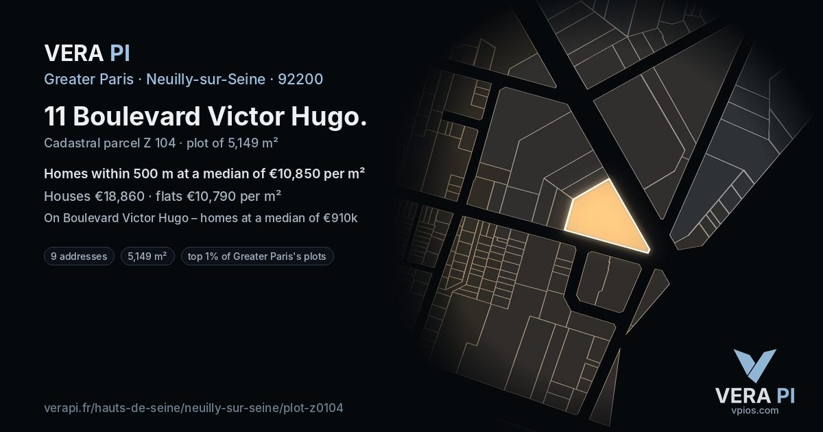 11 Boulevard Victor Hugo, Neuilly-sur-Seine at night – the plot lit, the parcels around coloured by the prices near them