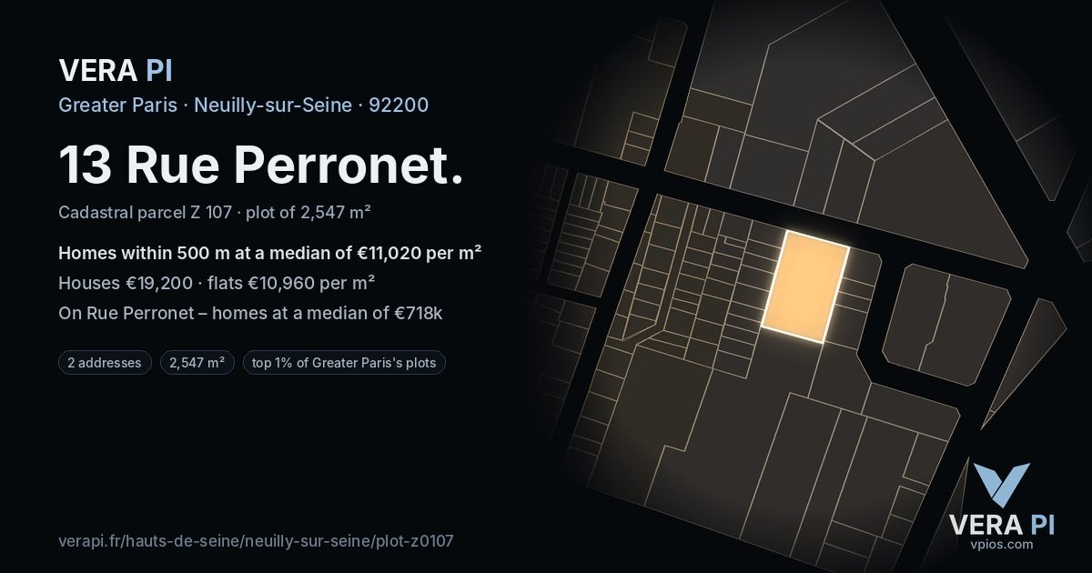 13 Rue Perronet, Neuilly-sur-Seine at night – the plot lit, the parcels around coloured by the prices near them