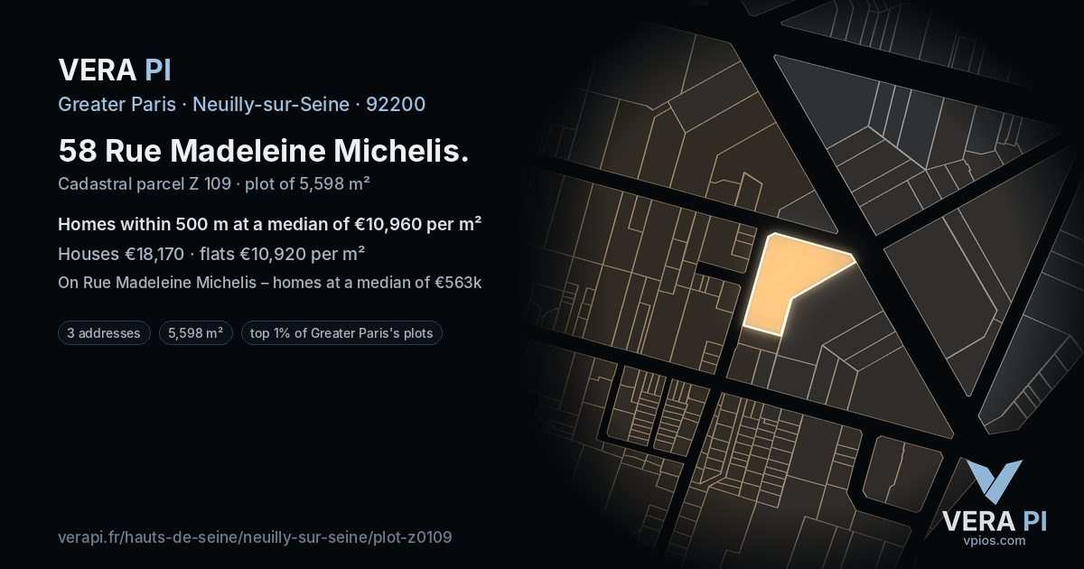 58 Rue Madeleine Michelis, Neuilly-sur-Seine at night – the plot lit, the parcels around coloured by the prices near them