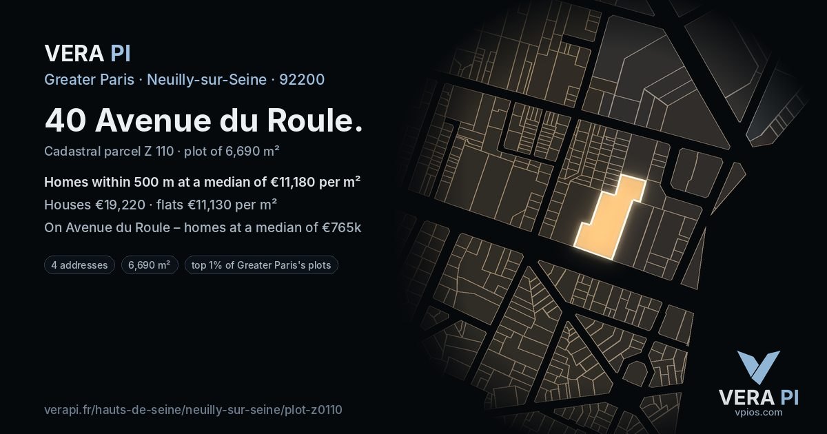 40 Avenue du Roule, Neuilly-sur-Seine at night – the plot lit, the parcels around coloured by the prices near them