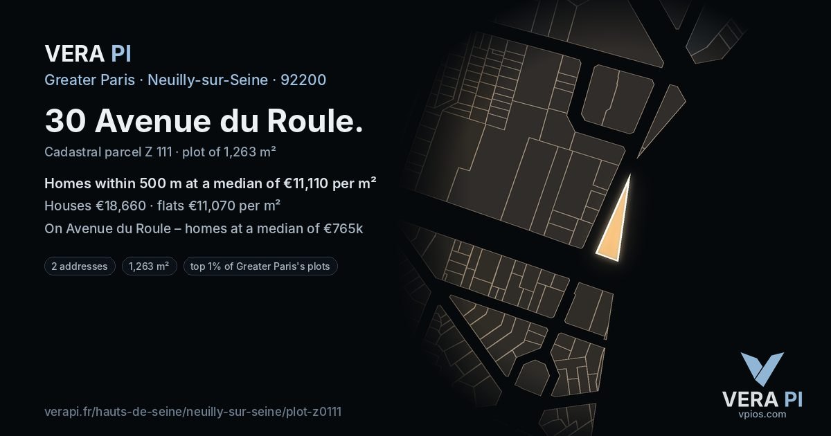 30 Avenue du Roule, Neuilly-sur-Seine at night – the plot lit, the parcels around coloured by the prices near them